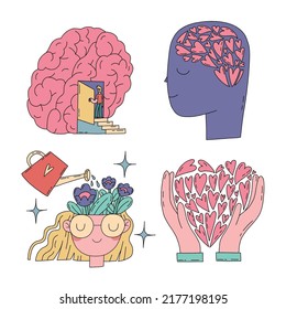 Mental health, diseases, brain development, treatment concept, hand water, female head and brain pop-up shape, flat hand drawn vector set ofillustrations