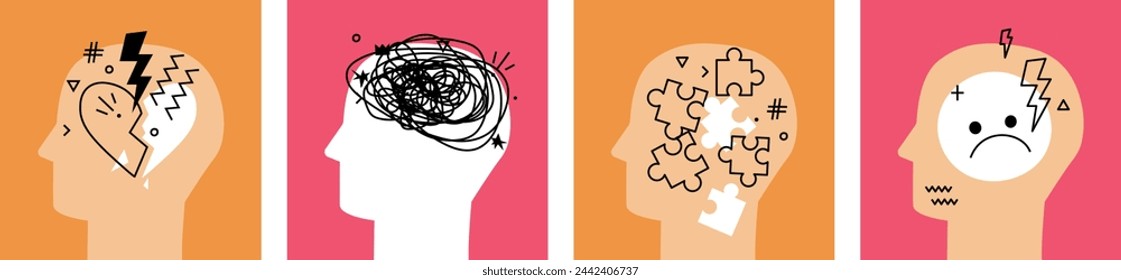 Mental health diseases collection. Set of heads with symptoms of depression, stress, disorder, anxiety, crisis, exhaustion, loss, overworked, tired. Abstract flat vector illustration, doodle elements