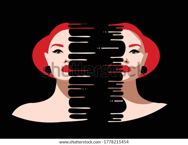Mental Health Disorder -  divided depressed\
woman face in a black\
background