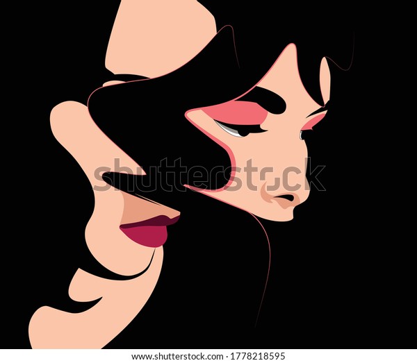 Mental Health Disorder -  divided depressed
woman face in black
background