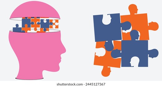 Mental health disorder, illness, brain development medical treatment concept jigsaw vector illustration.