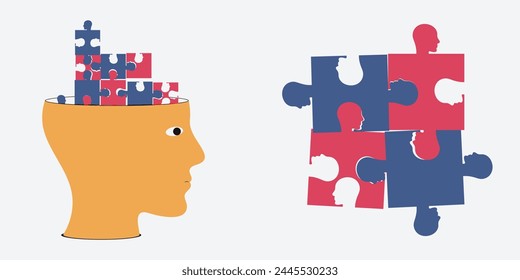 Mental health disorder, illness, brain development medical treatment concept jigsaw vector illustration.