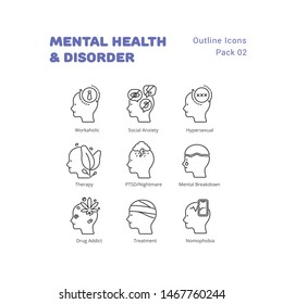 Mental Health and Disorder outline icons set 
