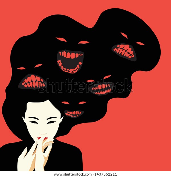Mental Health Disorder - Schizophrenia\
- Oriental woman with different faces in her\
hair