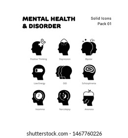 Mental Health and Disorder solid icons set 