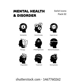 Mental Health and Disorder solid icons set 