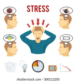 Mental health disorders and work related stress anxiety and depression symptoms icons set abstract isolated vector illustration