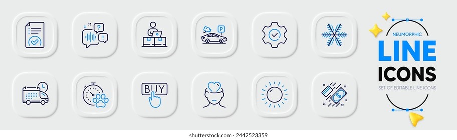 Mental health, Dog competition and Sunny weather line icons for web app. Pack of Parking security, Execute, Delivery pictogram icons. Approved document, Voicemail, Snowflake signs. Vector