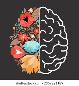 Mental health. A drawing of a brain half made of flowers. Modern flat vector illustration.