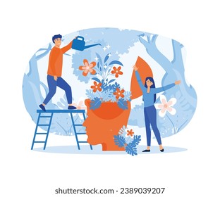  Salud Mental Debido A La Psicología, Depresión, Soledad, Enfermedad, Desarrollo Cerebral, O Insuficiencia. ilustración moderna de vector plano 