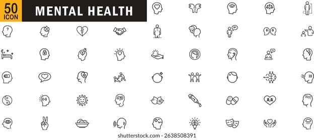 Mental health editable outline icon set. Depression, emotion, therapy, support, mindset, healing and more
