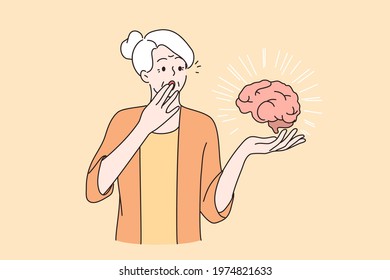 Mental health of elderly people concept. Senior surprised woman with grey hair holding brain covering mouth with hand, shocked and afraid of mental problems vector illustration 