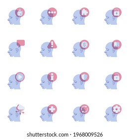 Mental health elements collection, brain process flat icons set, Colorful symbols pack contains - thinking head, human intelligence mind, brainstorming. Vector illustration. Flat style design
