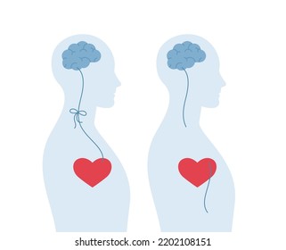 Concepto de salud mental y regulación emocional. Ilustración del cuidado de la salud de diseño plano vectorial. Conformación del cerebro humano y de la forma del corazón conectada con el símbolo de línea en la silueta corporal aislada en el fondo blanco.