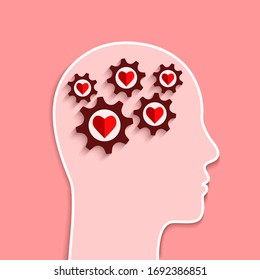 Mental Health And Emotional Well-being Concept. Human Head And Gears With Heart Shapes Inside As Brain And Mind Symbol.