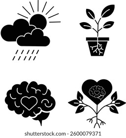 Mental Health, Emotional Wellness, Nature Conservation, and Climate Awareness flat Icons with Transparent Background – Brain, Heart, Plant Growth, Weather Vector Set