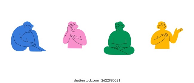 Mental health and emotions illustration – Set of people showing sadness, anxiety, calmness, and confidence in minimal flat style. Emotional expression characters isolated on white background