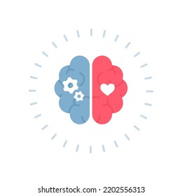 Mental health, eq and emotional regulation concept. Vector flat design healthcare illustration. Human brain with half of rational gear and emotional heart shape symbol isolated on white background.