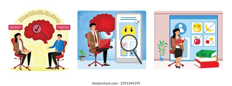 Mental health examination scene with a counselor and a patient. Man working on a laptop, analyzing an app with emotional. A professional woman in a business suit sits with a book. 