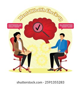 Mental health examination scene with a counselor and a patient, symbolizing psychological care, awareness, emotional well being support, and the importance of regular mental health evaluations. 