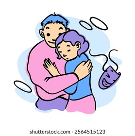 Mental health. Fake mask. Emotion expression disguise. Human psychology problem with empathy and sympathy. Couple embrace. Person pretends. Insincerity relationship. Liars portrait. Vector concept