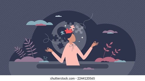 La salud mental de la mujer como concepto de paz mental interior y equilibrio de la persona pequeña. Pensar en la regulación del trastorno con terapia psicológica o meditación ilustrativa vectorial. El bienestar del pensamiento y la emoción.