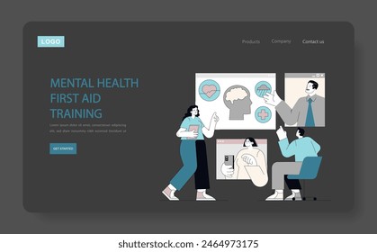 Mental Health First Aid Training concept. Professionals teach coping strategies and support methods. Educative interaction, psychological help, emergency care. Vector illustration.