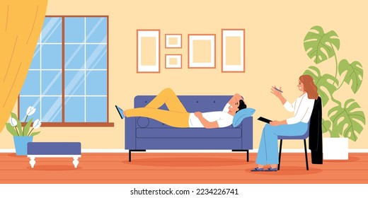 Mental health flat background with man relaxing on sofa and receiving emotional support at psychologist cabinet vector illustration