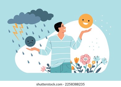 Mental health flat concept with man between sadness and positive symbols vector illustration