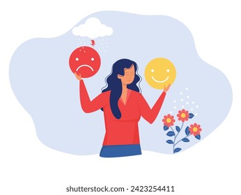 Mental health flat concept,Woman Positive and negative emotions,good and bad mood.opposites psychological vector mood swings vector illustration