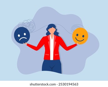 Mental health flat concept,Woman Positive and negative emotions,good and bad mood.opposites psychological vector mood swings vector illustration 