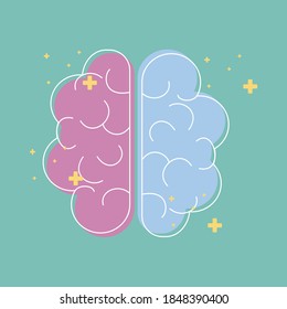 Mental health, flat design, on a green background, pink, blue, yellow  with pastel colors