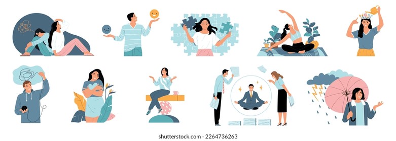 Mental health flat icons set with harmony mindfulness and positive thinking symbols isolated vector illustration