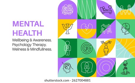 Mental Health Geometrical Line Banner. Vector Thin Outline Psychology Linear Symbols. Wellness and Awareness Month Design. Therapy Objects Background. Square, Triangle, Circle.