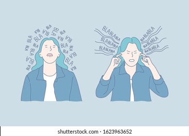 Mental health, gossip, stress set concept. Young woman is tired of gossips all around and plugs her ears. Tired girl has weak mental health. Informative noise can raise stress level Simple flat vector