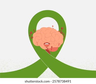 Mental health green awareness ribbon with human brain in bloom. Positive mindset, good cognitive and psychological condition. Vector illustration 