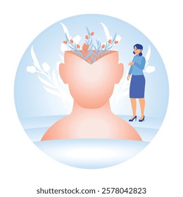 Mental health and growth. Woman of positive thinking, equanimity, and mindfulness. Mental Health concept. Flat vector illustration.