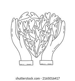 Mental health hand drawn outline illustration. Heart in hands abstract psychological concept. Love yourself, self care illustration.