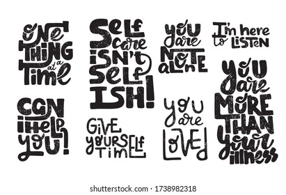 Mental health hand drawn quotes. Typography lettering emblems set collection for self-development of persons suffering from disorder. Vector logo design for postcard, poster.