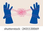 Mental health, hands holding puppet strings with a thread of brain. Colorful vector illustration
