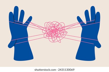 Mental health, hands holding puppet strings with a thread of brain. Colorful vector illustration
