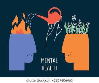 Mental health, happiness, mental health care, positive thinking, fighting negative emotions. A head with fire and a head with flowers, a hand with a watering can. Vector flat illustration