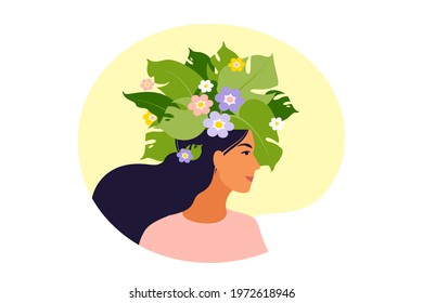 Mental health, happiness, harmony concept. Happy female head with flowers inside. Mindfulness, positive thinking, self care idea. Vector illustration. Flat.