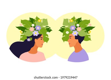 Mental health, happiness, harmony concept. Happy female and male head with flowers inside. Mindfulness, positive thinking, self care idea. Vector illustration. Flat.