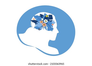 Mental health, happiness, harmony concept. Happy female head with flowers inside. Mindfulness, positive thinking, self care idea. Vector illustration. Flat.