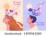 Mental health, happiness, harmony creative abstract concept. Happy male and female heads with flowers inside. Mindfulness, positive thinking, self care idea. Set of flat cartoon vector illustrations