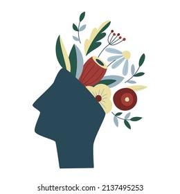 Mental health, happiness, harmony creative abstract concept. Head with flowers inside. Mindfulness, positive thinking, self care idea. Isolated flat vector illustration