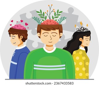 Mental health, happiness, harmony creative abstract concept. Happy male and female heads with flowers inside. Mindfulness, positive thinking, self care idea. cartoon vector illustrations