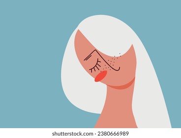 Mental health, happiness, harmony creative abstract concept. Happy female head. Consciousness, positive thinking, self-care idea. Vector illustration. Blue background 