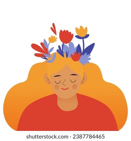 Mental health, happiness, harmony creative abstract concept. Happy female  head with flowers. Mindfulness, positive thinking, self care idea. Modern vector illustration